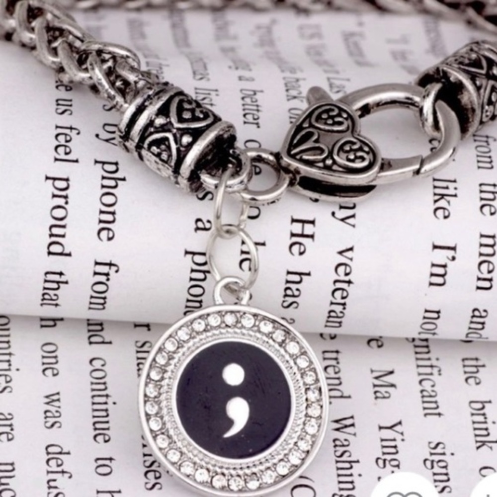 NEW! Silver Bracelet Semi Colon Cubic Zirconia Black